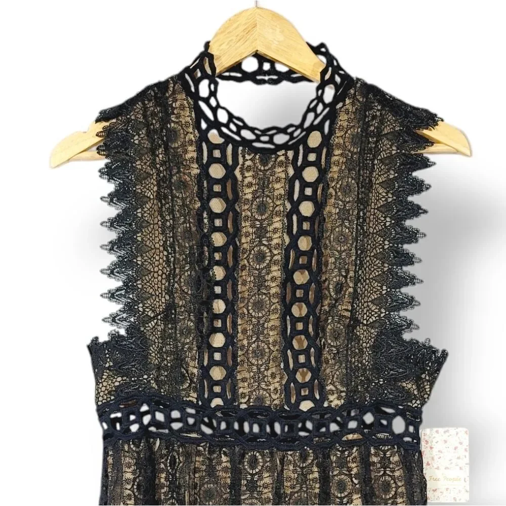 NEW Free People Forever Lace Embroidered Open Back Babydoll Black Dress Size 8